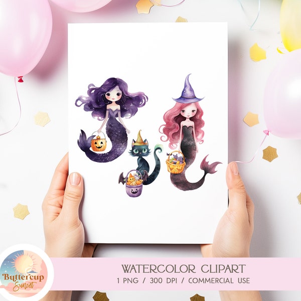 Halloween Mermaids Trick or Treat Sea Witches Watercolor Clipart PNG Digital Download | Under The Sea Halloween Sea Witch Cat Mermaid PNG