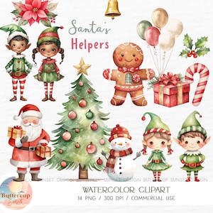 14 Ajudantes do Papai Noel em Aquarela Clipart PNG para Download Digital | Elfos de Natal, Papai Noel, Boneco de Neve, Letras de Elfo, Clipart | Elfos de Pele Escura Clipart
