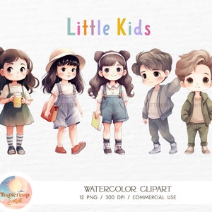 12 kleine Kinder Aquarell Clipart PNG digitaler Download | Cartoon Jungen und Mädchen Clipart | Niedliche Schulkinder Glückliche Kleine Kinder PNG