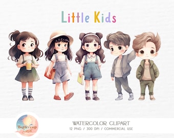 12 kleine Kinder Aquarell Clipart PNG digitaler Download | Cartoon Jungen und Mädchen Clipart | Niedliche Schulkinder Glückliche Kleine Kinder PNG