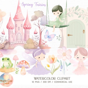 10 Spring Fairies Watercolor Clipart PNG Digital Download | Pastel Spring Fairy Garden Clipart | Fairy Forest Castle Spring Flowers Clipart