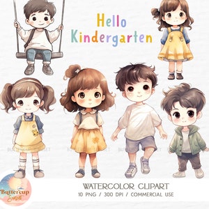 10 Kindergarten Kinder Aquarell Clipart PNG digitaler Download | Cartoon Jungen und Mädchen Clipart | Niedliche Schulkinder Glückliche Kleine Kinder PNG