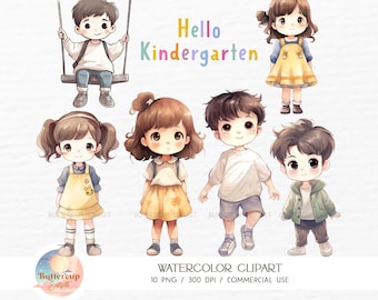 10 Kindergarten Kids Watercolor Clipart PNG Digital Download | Cartoon Boys and Girls Clipart | Cute School Children Happy Little Kids PNG