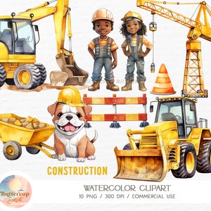 10 Clipart aquarelle de construction PNG | Bulldozer Pelle De Véhicules De Construction | Clipart anniversaire noir construction garçon fille