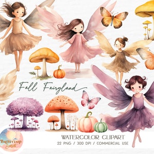 22 Fall Fairies Watercolor Clipart PNG Digital Download | Autumn Garden Fairy Butterfly Mushroom Clipart | Fairy Birthday Nursery PNG