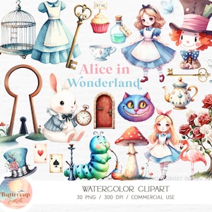 30 Alicja w Krainie Czarów Akwarele Clipart PNG Pobieranie Cyfrowe | Uroczy Alicja w Krainie Czarów Clipart | Alicja Przygody Szalone Przyjęcie Herbaciane Clipart