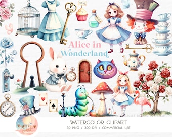 30 Alice in Wonderland Watercolor Clipart PNG Digital Download | Cute Alice Wonderland Clipart | Alice's Adventures Mad Tea Party Clipart