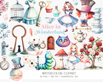 30 Alice in Wonderland Watercolor Clipart PNG Digital Download | Cute Alice Wonderland Clipart | Alice&#39;s Adventures Mad Tea Party Clipart