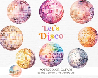 20 Disco Balls Watercolor Clipart PNG Digital Download | Groovy Disco Party Retro Dance Party PNG | Space Cowgirl Disco Cowgirl PNG Clipart