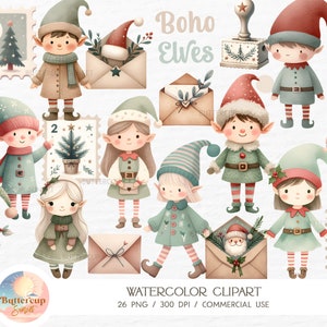 26 Elfos Boho Natal Aquarela Clipart PNG Download Digital | Letras de Elfos Boho PNG Clipart | Elfos Boho Natal Menino Menina Elfo PNG Clipart