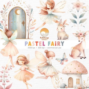 12 Clipart aquarelle pastel jardin féerique PNG en téléchargement numérique | Forêt enchantée, porte de fée des bois, cerf, lapin, fée, anniversaire, PNG Clipart