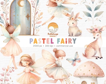May include: A set of pastel fairy illustrations featuring fairies, a deer, a rabbit, a mushroom house, a door, and flowers. The illustrations are in a watercolor style and have a whimsical feel.