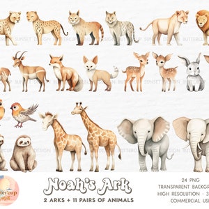 K&ouml;nnte beinhalten: Ein Set mit 24 Aquarell-Illustrationen von Tieren aus Noahs Arche, darunter ein L&ouml;we, ein Gepard, eine Giraffe, ein Elefant, ein Faultier, ein Fuchs, ein Kaninchen und V&ouml;gel. Die Illustrationen sind auf wei&szlig;em Hintergrund und perfekt f&uuml;r den Einsatz in digitalem Scrapbooking, Kartenherstellung und anderen Bastelprojekten.