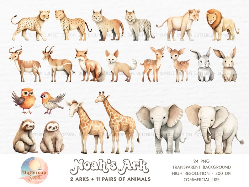 K&ouml;nnte beinhalten: Ein Set mit 24 Aquarell-Illustrationen von Tieren aus Noahs Arche, darunter ein L&ouml;we, ein Gepard, eine Giraffe, ein Elefant, ein Faultier, ein Fuchs, ein Kaninchen und V&ouml;gel. Die Illustrationen sind auf wei&szlig;em Hintergrund und perfekt f&uuml;r den Einsatz in digitalem Scrapbooking, Kartenherstellung und anderen Bastelprojekten.