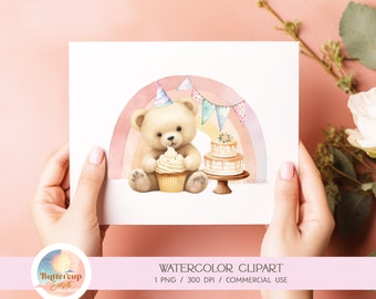 Teddy Bear Rainbow Watercolor Clipart PNG Digital Download | Teddy Bear Birthday Cake Banner Teddy Bear Beary First Birthday PNG Printable