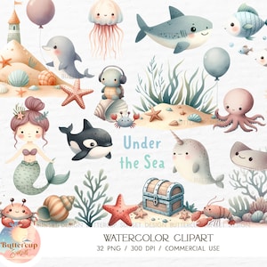 32 Unterwasser Tiere Aquarell Clipart PNG Digital Download | Niedliche Unterwasser Ozean Tiere Baby Shower Geburtstag Clipart