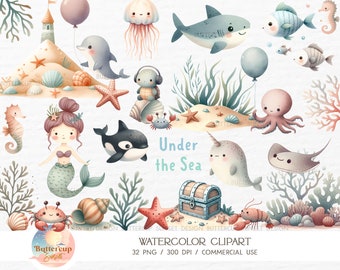 32 Under The Sea Animals Watercolor Clipart PNG Digital Download | Cute Undersea Ocean Animals Under The Sea Baby Shower Birthday Clipart