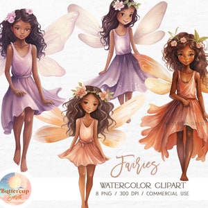 May include: Digital illustration of four fairies with wings. The fairies have brown skin, long brown hair, and are wearing dresses in shades of purple, pink, and orange. The fairies are surrounded by flowers and leaves.