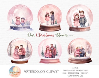 6 Christmas Love Story Snow Globes Watercolor Clipart PNG Digital Download | Christmas Ornament Snow Globe Keepsake Snow Globe Family PNG