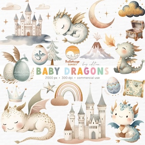 22 Boy Baby Dragons Akwarela Clipart PNG Cyfrowe Pobieranie | Słodkie Boho Glitter Dragons Clipart | Dragon Birthday Magical Party PNG Clipart
