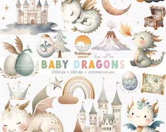 May include: A set of digital illustrations featuring cute baby dragons in various poses, including sleeping, flying, and holding a treasure chest. The illustrations are in a watercolor style with a pastel color palette and include elements like castles, rainbows, and stars. The text "Baby Dragons" is featured in the center of the image.