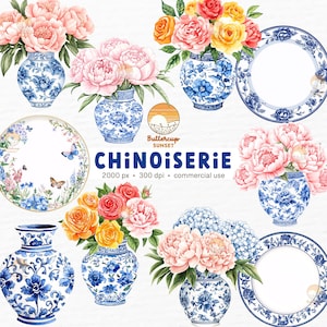 10 chinoiserie aquarel clipart png digitale download | Toile de jouy bloemen blauwe gemberpot clipart | Bloemen Grandmillennial-huisdecoratie
