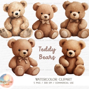 5 Clipart acquerello di orsacchiotto PNG da scaricare digitalmente / Clipart PNG trasparente di orsacchiotto per baby shower, compleanno e asilo nido