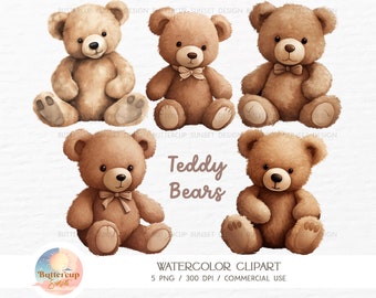 5 Teddy Bear Acquerello Clipart PNG Download digitale / Teddy Bear Baby Shower Compleanno Nursery Sfondo trasparente PNG Clipart