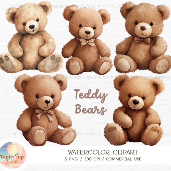 5 Teddy Bear Watercolor Clipart PNG Digital Download | Teddy Bear Baby Shower Birthday Nursery Transparent Background PNG Clipart