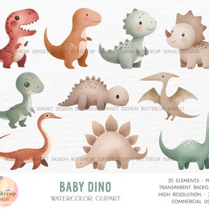 May include: A set of 25 watercolor clipart illustrations of baby dinosaurs in various poses and colors. The dinosaurs are all cartoonish and cute, with big eyes and friendly expressions. The set includes a variety of dinosaurs, including a stegosaurus, a triceratops, a brachiosaurus, and a pterodactyl. The illustrations are perfect for use in scrapbooking, card making, invitations, and other creative projects.