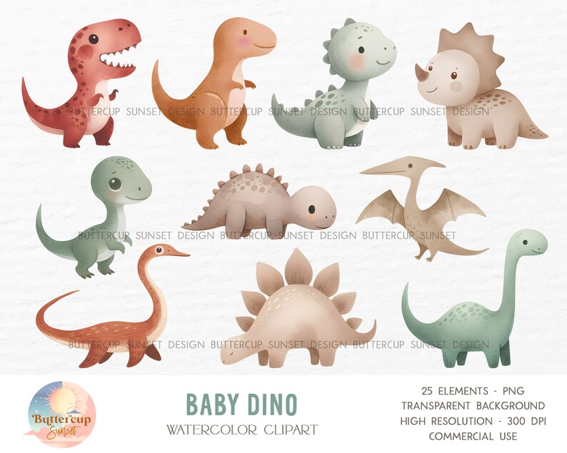 May include: A set of 25 watercolor clipart illustrations of baby dinosaurs in various poses and colors. The dinosaurs are all cartoonish and cute, with big eyes and friendly expressions. The set includes a variety of dinosaurs, including a stegosaurus, a triceratops, a brachiosaurus, and a pterodactyl. The illustrations are perfect for use in scrapbooking, card making, invitations, and other creative projects.