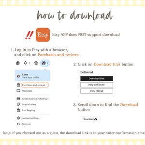 May include: A guide on how to download files from Etsy, featuring the Etsy logo and instructions. The text explains that the Etsy app does not support downloads and provides steps for downloading via a browser, including clicking on "Purchases and reviews".