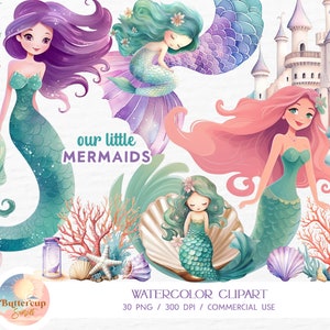 30 petites sirènes aquarelle Clipart PNG en téléchargement numérique | Queues de sirène dormant bébés sirènes sur des queues Clipart | Fête prénatale sirène PNG