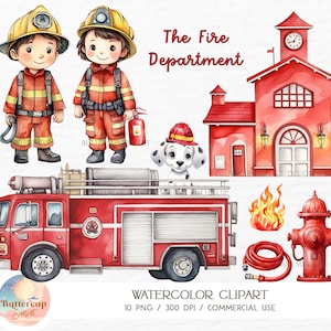 10 Clipart aquarelle des pompiers PNG | Clipart De Pompier Pompier Pompier PNG | Clipart anniversaire, camion pompier, pompier