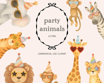 Clipart di animali selvatici del safari: fauna selvatica della giungla che chiama tutti gli animali da festa per il compleanno (download digitale PNG)
