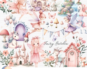 May include: Watercolor clipart set featuring fairies, unicorns, mushrooms, a deer, a gnome, a castle, a teapot house, and a pink house with a door. The set is perfect for creating whimsical and magical designs.