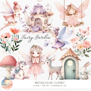 14 Clipart aquarelle pastel jardin féerique PNG en téléchargement numérique | Clipart Licorne fée magique forêt enchantée | Clipart anniversaire de fée PNG