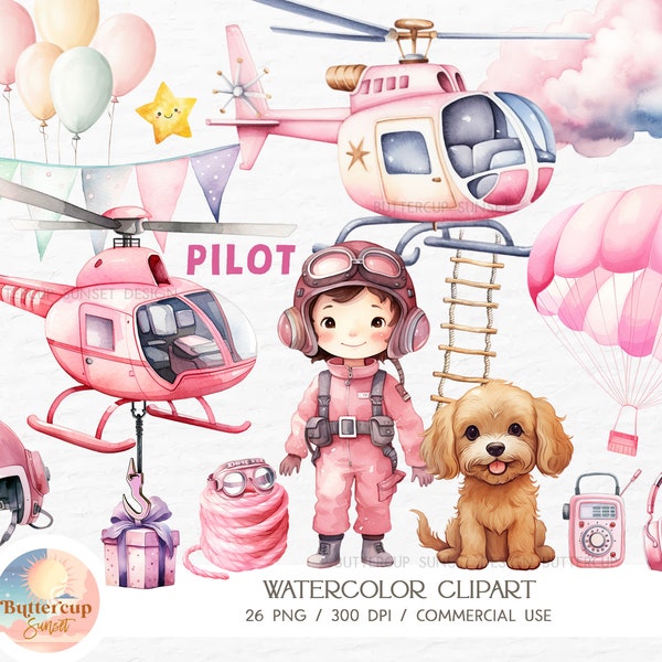 26 Pink Pilot Watercolor Clipart PNG | Pink Pilot Helicopter Girl Pilot Birthday PNG Clipart | Girl Pilot Airplane Party Nursery Clipart