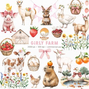 35 fille animaux de la ferme aquarelle Clipart PNG téléchargement numérique | Clipart Ferme Girly Farm Cottagecore Appel à tous les fêtards Zoo pour enfants