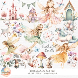 42 pastel forêt enchantée aquarelle Clipart PNG téléchargement numérique | Jardin féerique des cliparts féerique magique licorne | Clipart anniversaire de fée PNG