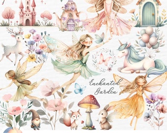 Enchanted Forest Clipart: Pastel Fairy Garden Magical Unicorns & Fairies Birthday (PNG Digital Download)