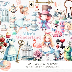 42 Alice im Wunderland Aquarell Clipart PNG Digital Download | Süße Alice im Wunderland Clipart | Alice's Onederland Mad Hatter-Teeparty PNG