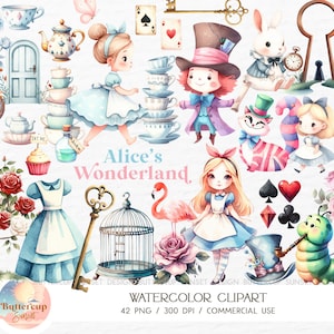 42 Alice in Wonderland Watercolor Clipart PNG Digital Download | Cute Alice Wonderland Clipart | Alice's Onederland Mad Hatter Tea Party PNG