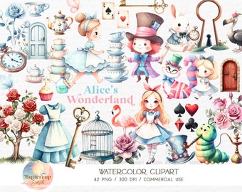 42 Alice in Wonderland Watercolor Clipart PNG Digital Download | Cute Alice Wonderland Clipart | Alice&#39;s Onederland Mad Hatter Tea Party PNG