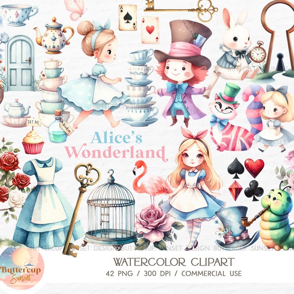 42 Alice in Wonderland Watercolor Clipart PNG Digital Download | Cute Alice Wonderland Clipart | Alice's Onederland Mad Hatter Tea Party PNG