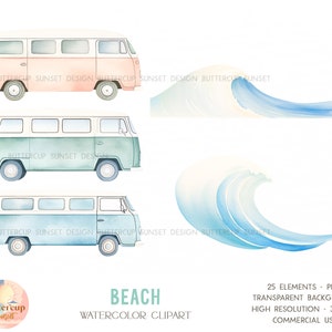 Retro Surfing Beach Watercolor Clipart PNG Digital Download | Pastel Beach Surfing Van Clipart | Surf's Up The Big One Birthday Clipart