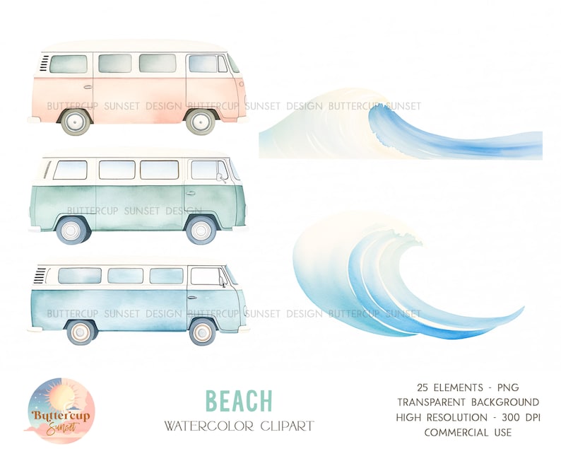 Retro Surfing Beach Watercolor Clipart PNG Digital Download | Pastel Beach Surfing Van Clipart | Surf's Up The Big One Birthday Clipart