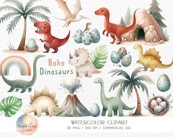 Boho Dinosaurs Clipart: Dinosaur Eggs Volcano Boho Dino Birthday Baby Shower (PNG Digital Download)
