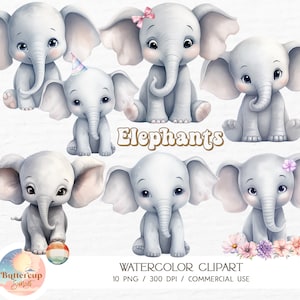 10 Elefanten Aquarell Clipart PNG Digital Download | Baby Elefant Clipart | Elefant-Geburtstags-Kinderzimmer | Eine kleine Erdnuss-Babyparty PNG