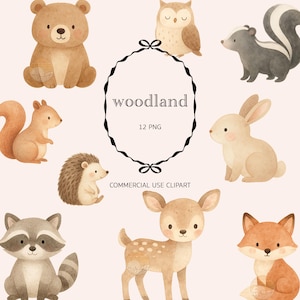 NOUVEAUTÉ 2025 : Boho Woodland aquarelle Clipart PNG en téléchargement numérique | Clipart mignon forêt des bois, animaux sauvages, boho, cerf, renard, ours, hibou Clipart